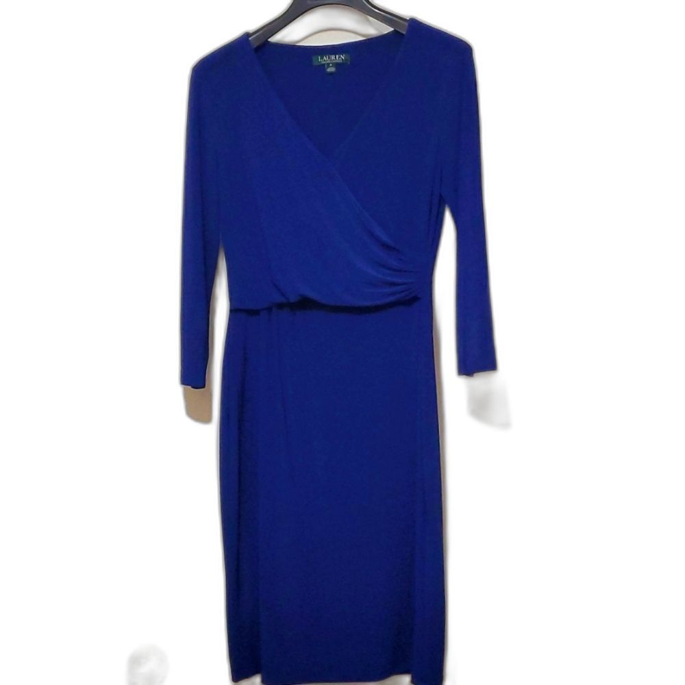 Lauren Ralph Lauren Blue 3/4 Sleeve Ruched Jersey Knee Length Dress Sz 6 Classy